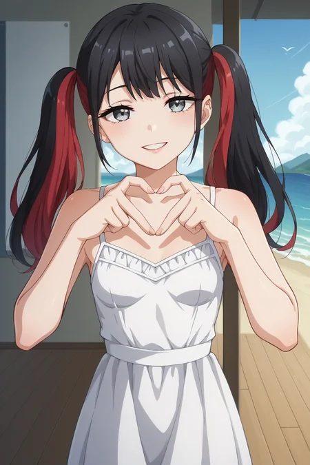 score_9, score_8_up, score_7_up, source_anime, 1girl, prefect lighting, very aesthetic, intricate details, highly detailed background, masterpiece, high quality, prefect hands, best quality, solo,
<lora:Nowa_Dress_up_Darling_V1:.85>, KJOnowa, black hair, multicolored hair, grey eyes, bangs, twintails,
<lora:Heart_Fingers__Concept_Lora-000007:1>, heart fingers, heart hands,
white sundress, smile, half-closed eyes, parted lips,
Sunny, room, inside, beach, sea, mountains in the background,
(Beautiful, small Breasts:1.2), natural breasts,