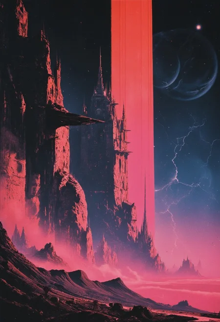 Monochrome with color, retro scan of 80s-anime-ai spectral neon Gradient ascii_art, a 80s Sci-fi Ethereal. Dark space, 80`s sci-fi book artwork, lofi, neon-pastel colors, grainy, vintage
Create a vivid description of a distant planet in the universe where enormous structures are visible from space, towering over the landscape in an awe-inspiring display.