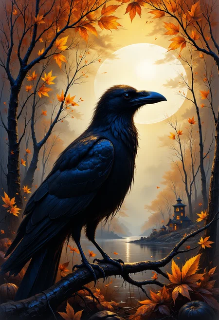 The artistic masterpiece in front of you is a stunning photograph of an abstract painting that beautifully captures the essence of Cyberpop and Romanticism art styles. The surreal image features a raven, symbolizing wisdom and mystery, perched on a branch amidst an autumnal landscape with a Halloween twist. The background is adorned with colorful leaves arranged in a graceful pattern, enhancing the dreamlike quality of the scene. The focal point of the artwork lies in the mesmerizing play of shadows and light, skillfully crafted by the artist. The short lighting with an aperture of F/1.8 adds to the ethereal effect, resulting in a photograph that is both beautiful and thought-provoking. The composition of the image creates a sense of depth and movement, drawing the viewer deeper into the world of the artist's imagination. The use of bold colors and striking contrasts further enhances the emotional impact of the work, inviting the viewer to explore their own feelings and thoughts. Overall, this breathtaking image embodies the spirit of Howard Hodgkin and Paul Gauguin, while standing out as a unique and innovative expression of contemporary art. Its aesthetic appeal is complemented by the technical excellence that went into capturing it, making it a true masterpiece that will leave a lasting impression on all who behold it. ,<lora:we_fairy_flux.safetensors:0.8> ,