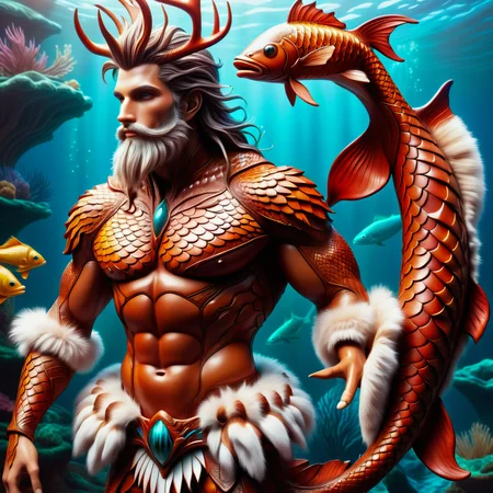 hyper detailed masterpiece, dynamic, awesome quality, DonMR31nd33rXL leather, fur, merman, upper body of a human and the lower body of a fish, beautiful, alluring, fantasy <lora:DonMR31nd33rXL-000008:0.8>