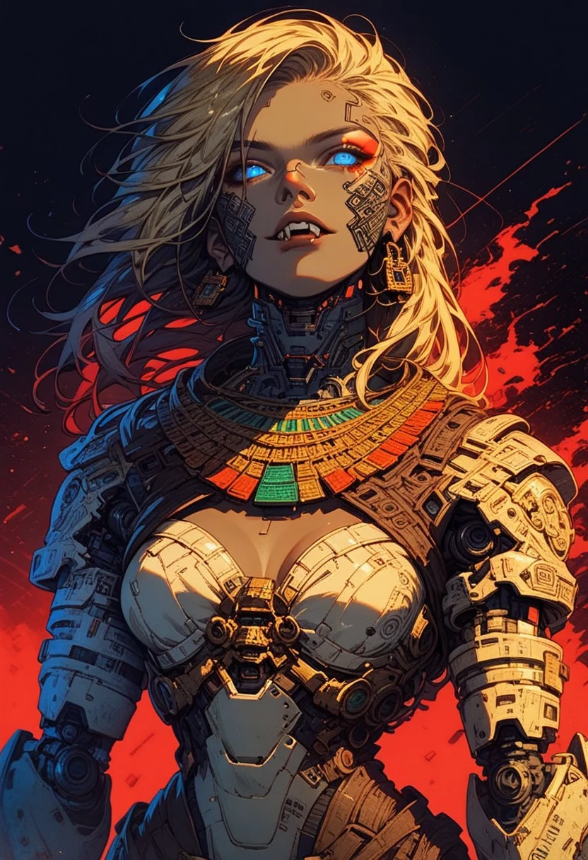 score_9,score_8_up,score_7_up, solo, 1 girl, Ellie Buckingham, blue eyes, bright blue eyes, bright blond hair, white armour,neon background, glowing, glowing blue eyes, , red ornaments, fangs,robot, aztec, mecha, aztec god, aztec outfit, cyberpunk outfit, soldier, heavy weaponized, aztec warrior, aztec tatoos, aztec warpaint, macuahuitl, science fiction, cyborg, mechanical parts, humanoid robot, bulky, sinozick style, flat color, dark theme, cowboy shot, Expressiveh
1 girl, outside, cowboy shot, waist high view