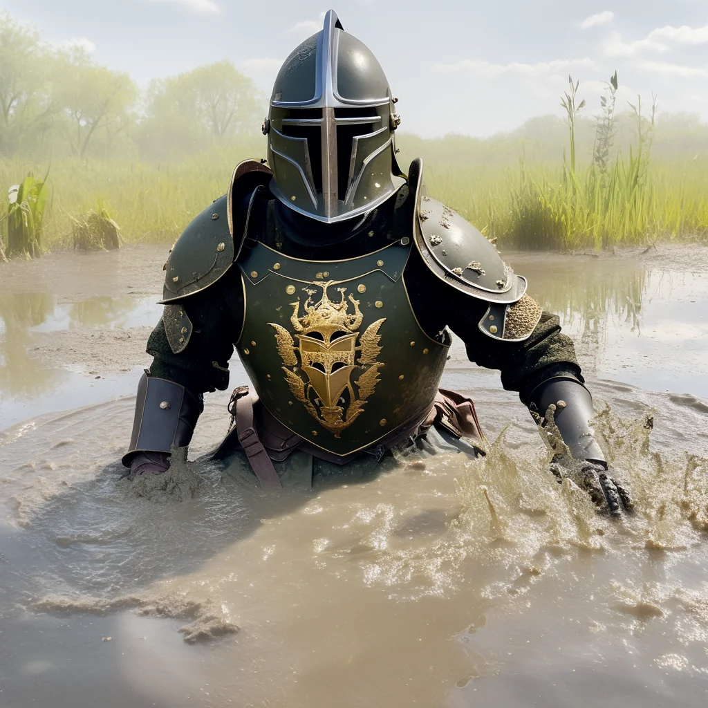 cinematic photo dark (mud sandstone dungeon marsh:1.2}, (rennaisance armored knight:1.2) , closed intricate helmet, emerging from (dark murky swamp liquid pbr mud:1.1), mud water splash, dirt splashing, surface ripples texture, vortexes, fresnel effect, stains <lora:Ripples-SDXL:1> <lora:Grit-SDXL:1> <lora:sandstone-SDXL-m:0.5> <lora:offset_0.2:1> . 35mm photograph, film, bokeh, professional, 4k, highly detailed