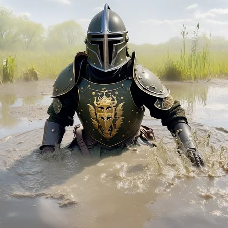 cinematic photo dark (mud sandstone dungeon marsh:1.2}, (rennaisance armored knight:1.2) , closed intricate helmet, emerging from (dark murky swamp liquid pbr mud:1.1), mud water splash, dirt splashing, surface ripples texture, vortexes, fresnel effect, stains <lora:Ripples-SDXL:1> <lora:Grit-SDXL:1> <lora:sandstone-SDXL-m:0.5> <lora:offset_0.2:1> . 35mm photograph, film, bokeh, professional, 4k, highly detailed