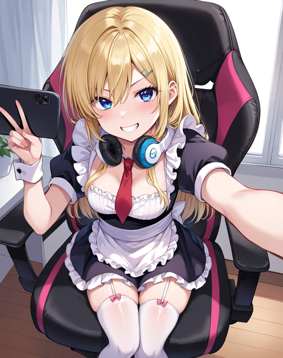 arisugawa_hakua, blonde hair, long hair, blue eyes,  maid uniform, usagidon clothes, frills, wrist cuffs, red necktie, pink bow,   apron,  maid, holding, thighhighs, headphones around neck BREAK indoors, gaming chair BREAK selfie, from above, grin, v, sitted on gaming chair BREAK score_9, score_8_up, score_7_up, source_anime ,zPDXL, <lora:Arisugawa_Hakua:0.8>