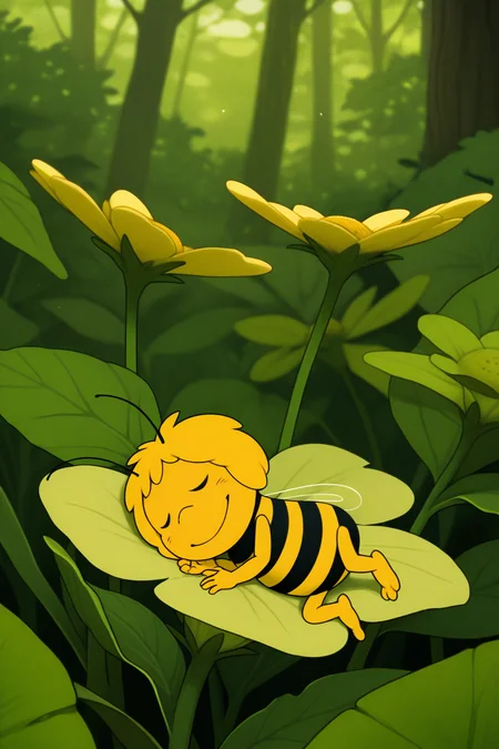 masterpiece, best quality, amazing quality, absurdres, solo, mayathebee, anthropoid girl, furry female, antennas, striped, bee girl, wings, smile, lying, closed eyes, sleeping, on flower, minigirl, outdoors, nature