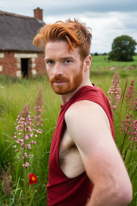 (front view:1.2) (medium shot:1.1) of a masculine cowboy Irish [ginger::0.65] 50 yo man, (looking at the viewer:1.2)[, (hairy armpit hair:1.3):0.05], a man on a field of wild grass and flowers, (wearing clothes:1.2), a plain cotton (dark-red-shirt:1.3) (tank:1.1) top, (shirt:1.2), low-cut chest, thin stripes, in the background is a house in ruins, a (tree:1.2), [(green-eyes:1.2):0.25], hairy, pale skin, handsome, natural lighting, hand on hips, hand grabbing crotch, (s3t on:1.3) armpit, metal belt, jeans, 4k uhd, dslr, soft lighting, high quality, Fujifilm XT3 <lora:sweaty_shirt_v5-28-B1-Rescale:0.65> <lora:StringerSDXL_v2-B1-R:1.1>