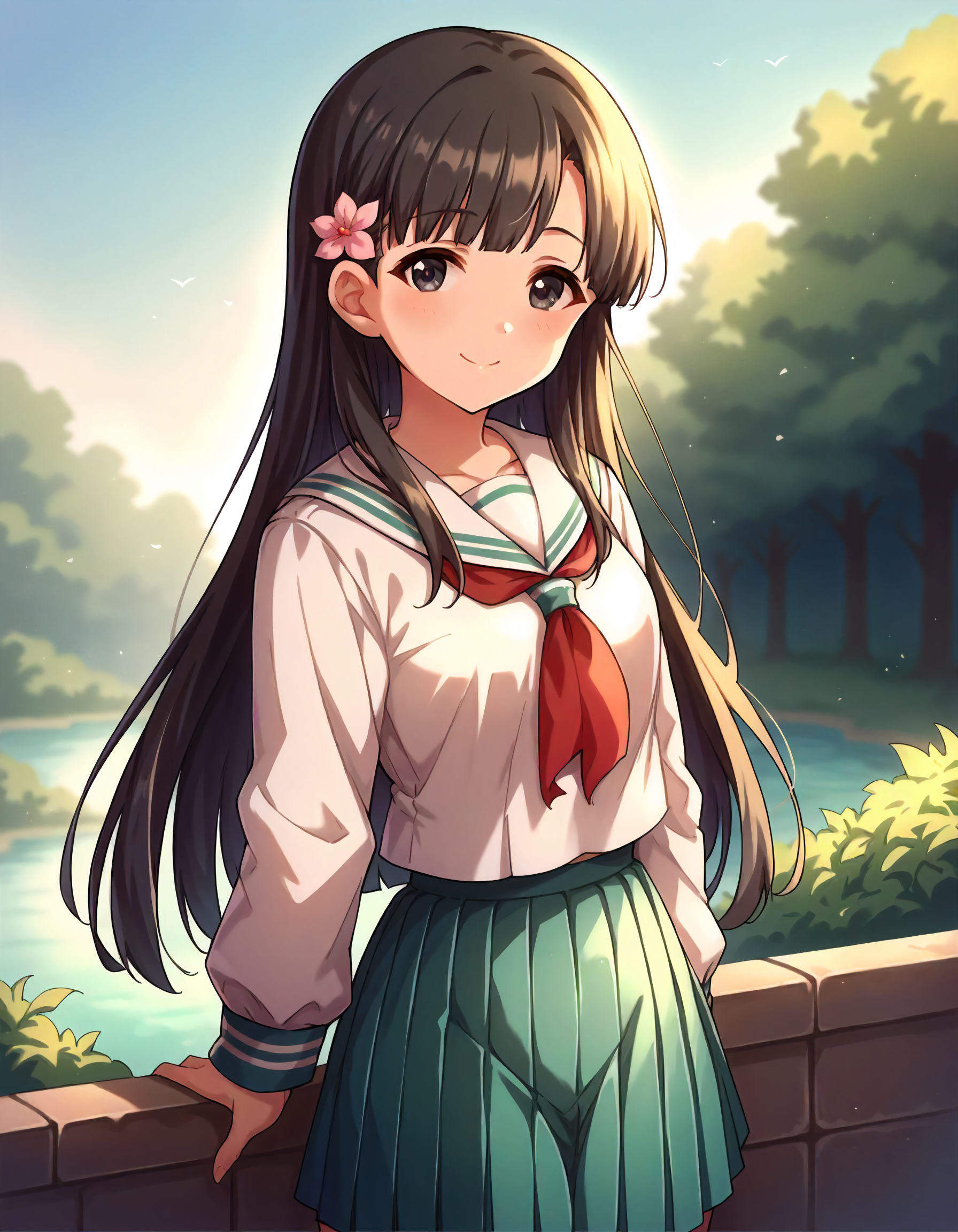 score_9,score_8_up,score_7_up,1girl,solo,cowboy shot,looking at viewer,smile,closed mouth,outdoors,
<lora:kobayakawasae_ponyXLV6:0.8>,cgkse,
black hair,long hair,black eyes,
hair flower,white serafuku,long sleeves,white sailor collar,red neckerchief,pleated cyan skirt