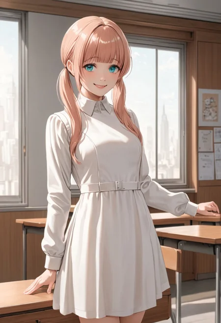 masterpiece, best quality,  1girl, solo, twin drills, twintails, blunt bangs, soft peach hair, aqua eyes, smile, long sleeves, white dress, standing, no desks