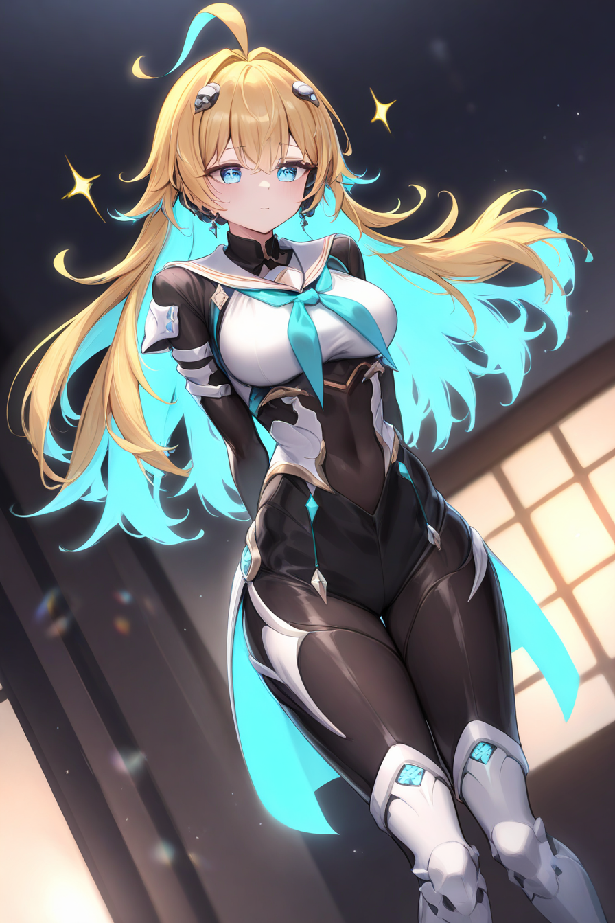 <lora:llmy:1>,1girl,blonde hair,blue eyes,+ +,colored inner hair,<lora:szbV1:0.8>,YZS,arms behind back,ahoge,, masterpiece, best quality, very aesthetic, absurdres