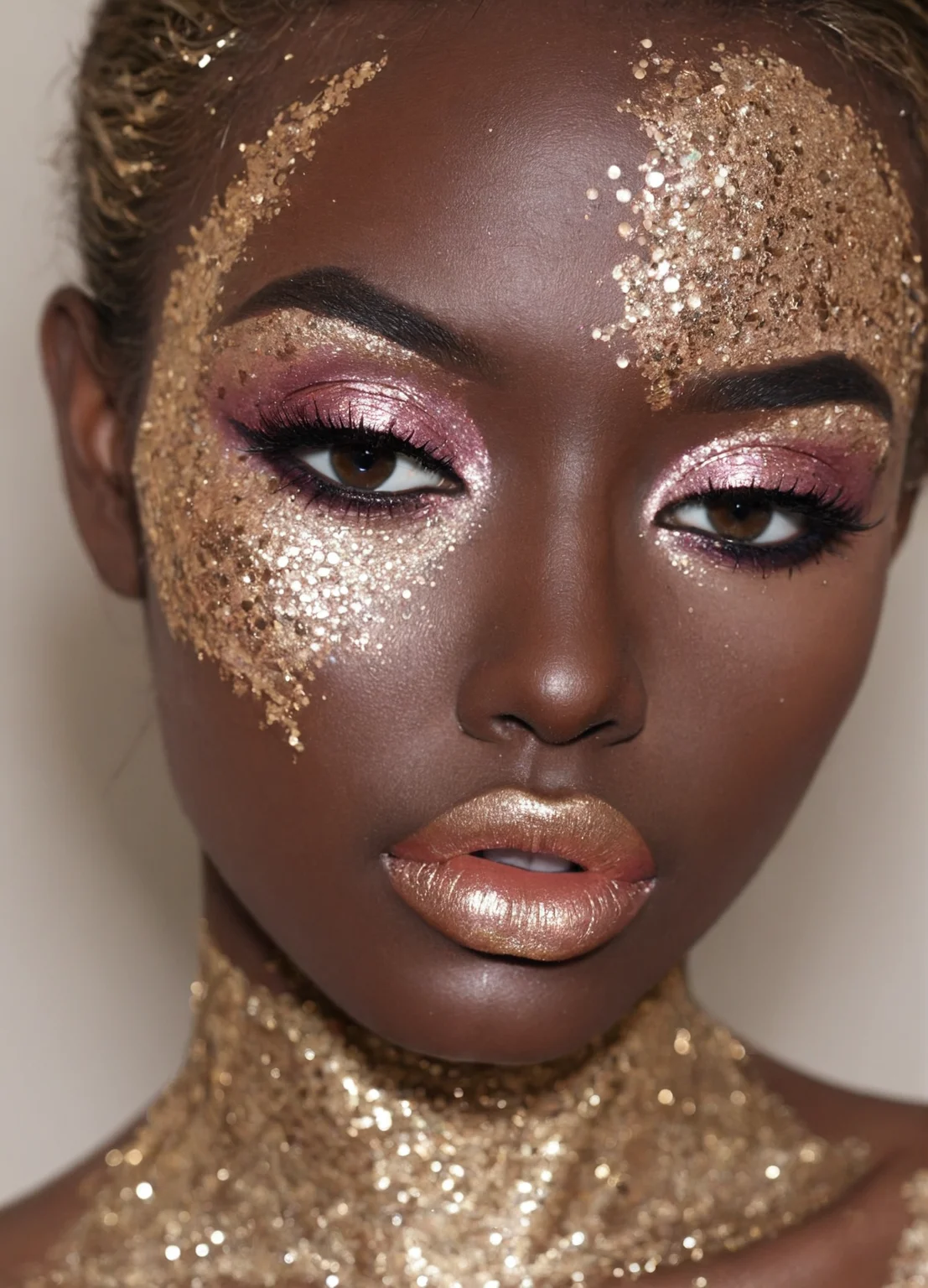 glitterstyle,face, lipstick, eyeshadow, make-up, highly detailed, dark skin, wild,
<lora:GlitterStyle_sdxl:0.8>