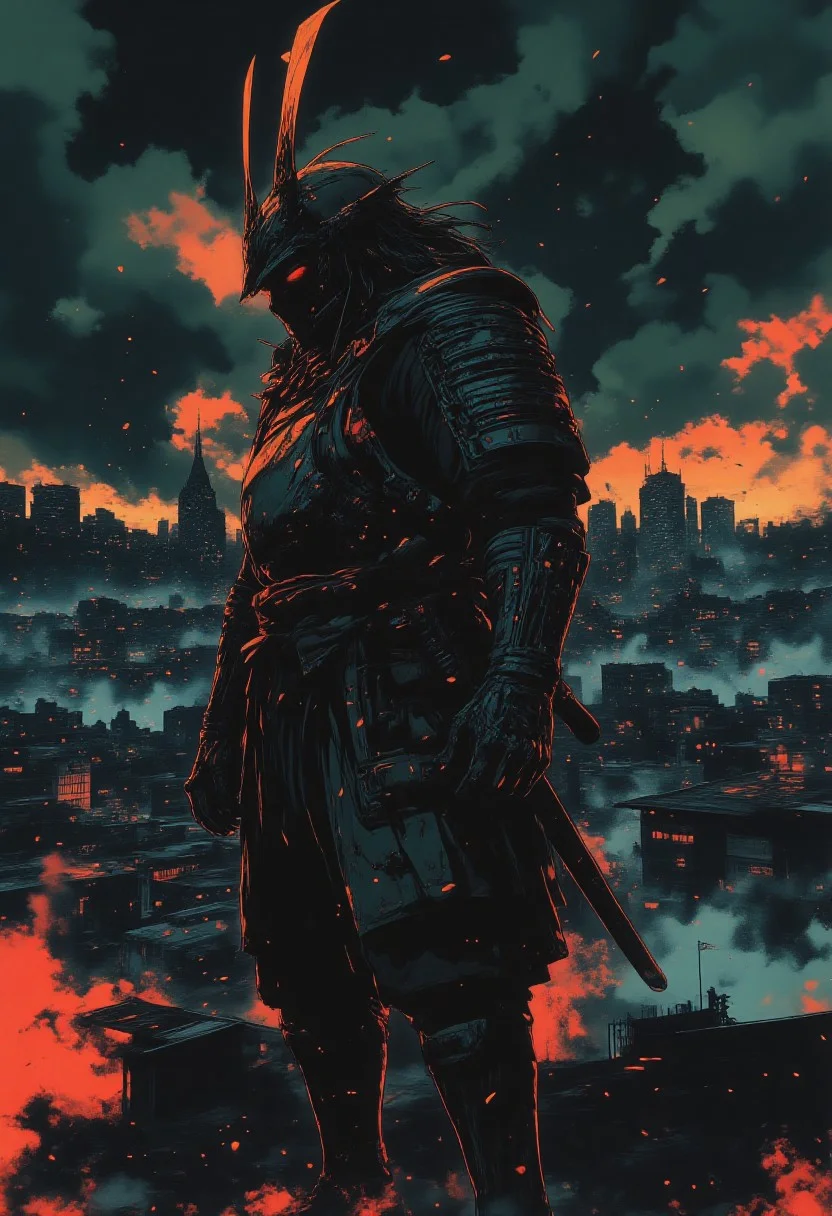 futuristic armor, in a dark futuristic style.The Last Ronin. He appears as a battle-hardened warrior, with scars and a tired but determined look. He wears heavy, battered armor, and crossed katanas behind his back. Thick smoke swirls around it, creating an atmosphere of mystery and tension. In the distance, a neon city can be seen on the horizon, illuminating the dark night and adding a futuristic contrast to its image