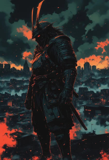 futuristic armor, in a dark futuristic style.The Last Ronin. He appears as a battle-hardened warrior, with scars and a tired but determined look. He wears heavy, battered armor, and crossed katanas behind his back. Thick smoke swirls around it, creating an atmosphere of mystery and tension. In the distance, a neon city can be seen on the horizon, illuminating the dark night and adding a futuristic contrast to its image