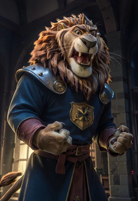 score_9, score_8_up, score_7_up,
rating_safe, looking at viewer,
roaring, action pose, (angry), action lines, view from below,
Lionheart, furry male, solo, lion, brown fur, brown eyes, whiskers, lion tail,
medieval armor, fuschia robes, heart shield,
medieval castle, hall, columns, cobwebs, indoors, ((night time)), warm lighting,