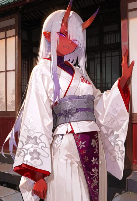 masterpiece, best quality, good quality, newest, highres, absurdres, volumetric lighting,gradient color,
BREAK
raytracing, volumetric lighting, ambient occlusion, girl,
BREAK
Aka-Oni, oni, colored skin, (red skin:1.3), straight horns, solo, long hair, model style,
evil eyes, evil, bullying, sinister,
purple eyes, eyes visible through hair, turtleneck shirt, white kimono, red trim, (floral print:0.8), long sleeves, wide sleeves, grey sash, purple waistband, long skirt, white pants, upper body, standing, east asian architecture, outside, looking at viewer, shiny skin, masterpiece, best quality, amazing quality, very aesthetic, absurdres, newest, scenery