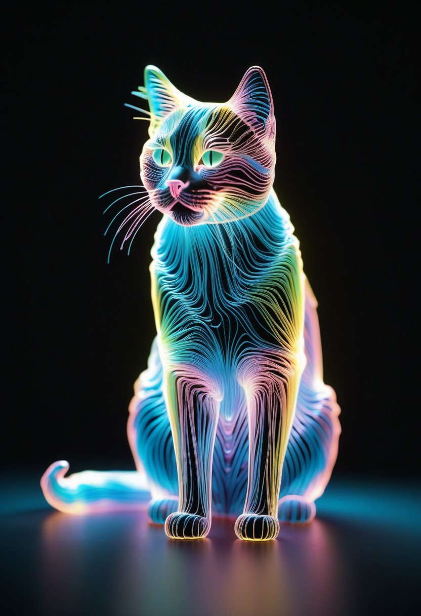 high quality, high resolution, extremely detailed, no humans, cat, made of,tiny neon glass filaments,w0gf1l, cat tower