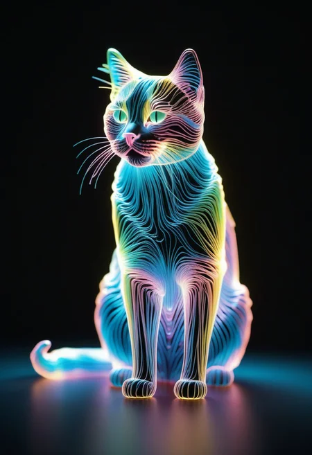 high quality, high resolution, extremely detailed, no humans, cat, made of,tiny neon glass filaments,w0gf1l, cat tower