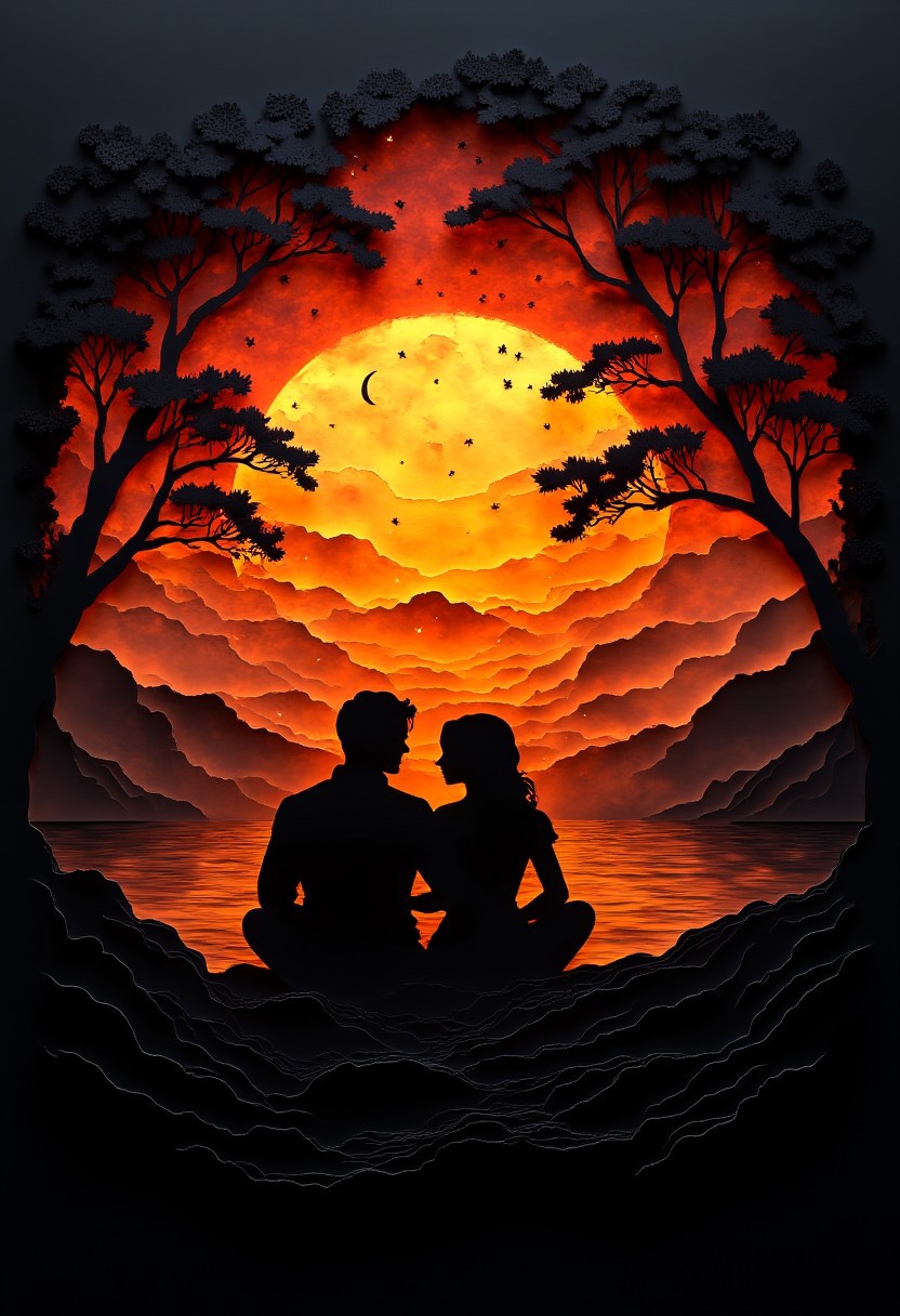 papercut art style, two silhouetted figures, possibly a couple, sitting side-by-side on a rocky outcrop. The man has his arm around the woman, and they are smoking and gazing at a breathtaking sunset filled with stars, a crescent moon, and a shooting star. The sky is dominated by warm colors such as oranges, reds, and purples. The figures are set against a deep black background