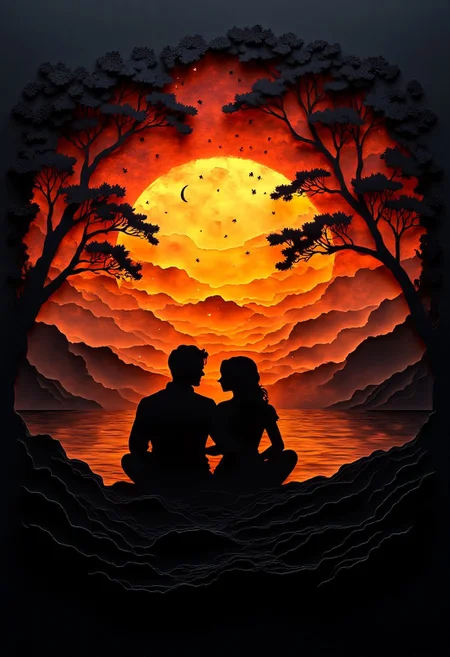 papercut art style, two silhouetted figures, possibly a couple, sitting side-by-side on a rocky outcrop. The man has his arm around the woman, and they are smoking and gazing at a breathtaking sunset filled with stars, a crescent moon, and a shooting star. The sky is dominated by warm colors such as oranges, reds, and purples. The figures are set against a deep black background