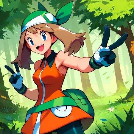 zPDXL2, score_9_up, score_8_up, score_7_up, masterpiece, detailed background, source_anime, grass, trees, 1girl, solo, may_\(pokemon emerald)\, brown hair, twintails, blue eyes, bandana, gloves, green bandana, orange jacket, green fanny pack, bare shoulders, bike shorts, smile, open mouth, peace sign, cowboy shot, looking at viewer, <lora:PDXL_Mayerald_PKMN:1>