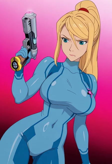<lora:CleanAnime - [Enchanter] - IllustriousXL v4.0:1>, lazypos, (anime screenshot, anime coloring), 1girl, solo, beautiful woman, samus aran, blonde hair, long hair, ponytail, blue eyes, black eyeliner, mole under mouth, huge breasts, |blue bodysuit, skin tight, serious, furrowed brow, holding ray gun, cowboy shot, dutch angle, simple gradient background <lora:Disney_Renaissance_Illustrious:1> disneyrenstyle