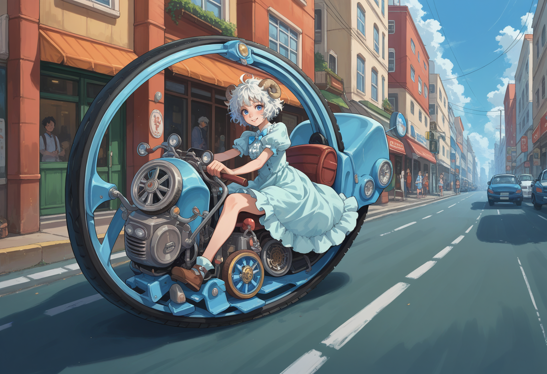 score_9, score_8_up, source_anime, 1girl, solo, blue eyes, white hair, short hair, ahoge, messy hair, sheep horns, sheep girl, bowtie, light blue dress, frills, puffy sleeves, Monowheel, motor vehicle, riding, smile, street, <lora:ChamMonowheelPonyXL:1>