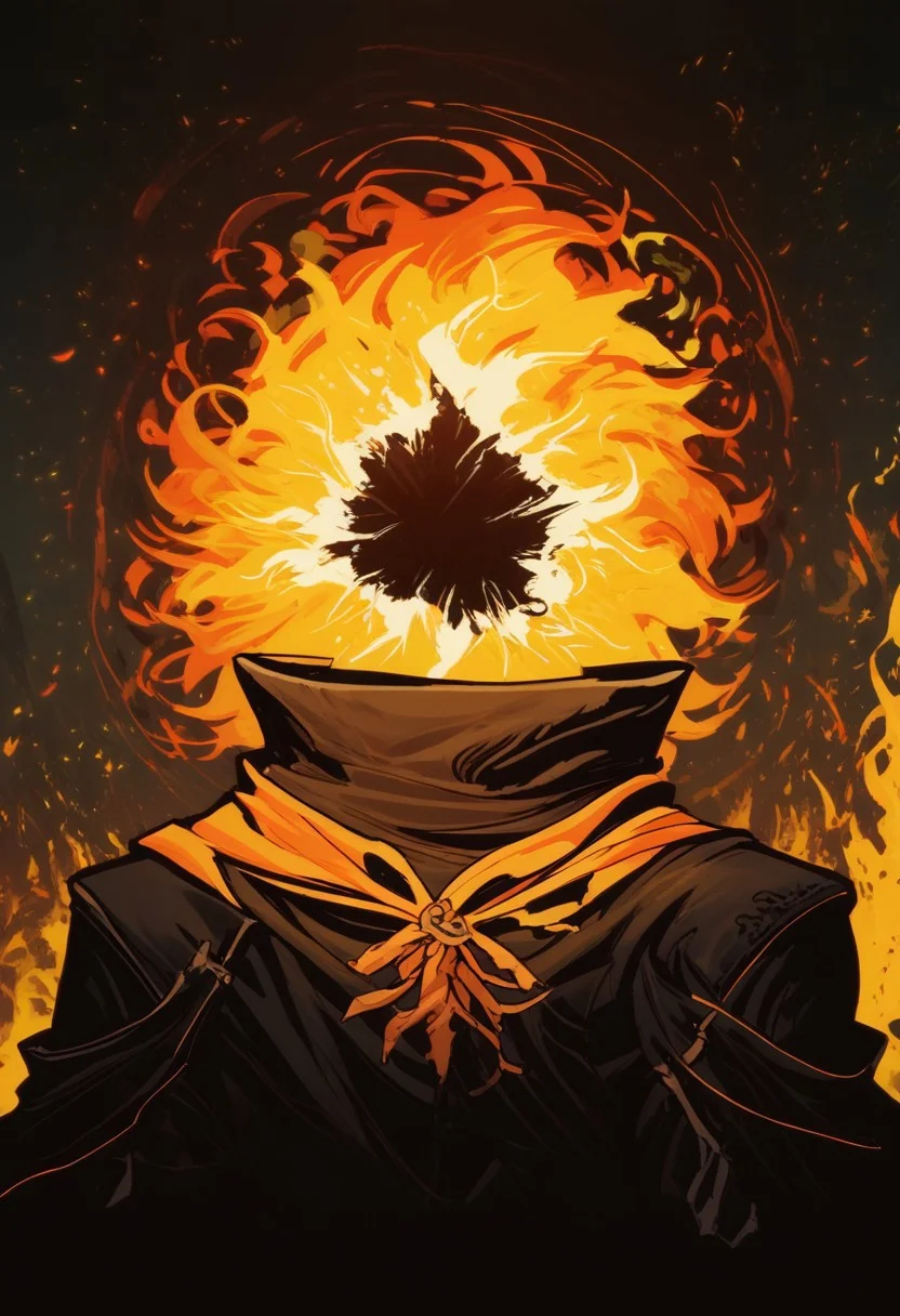 score_9, score_8_up, score_8, score_7_up, score_7, score_6_up, score_6, score_5_up, Score_5, lord_of_frenzy, headless, novakin, (faceless, no eyes, no mouth, no nose, no facial features:1.3), (short fiery yellow orange hair, body made of black plasma:1.2), black robes, hood, vox machine style, 1boy, male focus, solo, portrait, dark foreboding background, fantasy, (dynamic lighting:1.1) ((masterpiece))