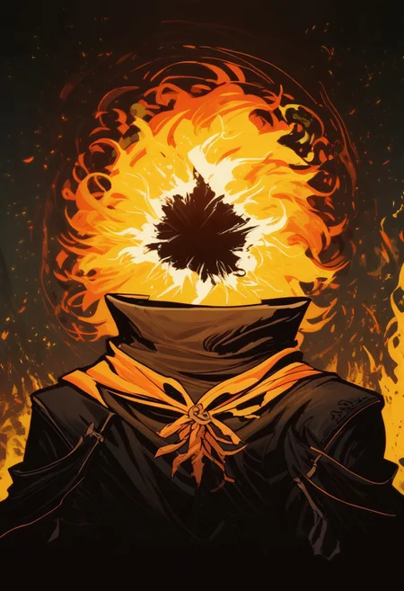 score_9, score_8_up, score_8, score_7_up, score_7, score_6_up, score_6, score_5_up, Score_5, lord_of_frenzy, headless, novakin, (faceless, no eyes, no mouth, no nose, no facial features:1.3), (short fiery yellow orange hair, body made of black plasma:1.2), black robes, hood, vox machine style, 1boy, male focus, solo, portrait, dark foreboding background, fantasy, (dynamic lighting:1.1) ((masterpiece))