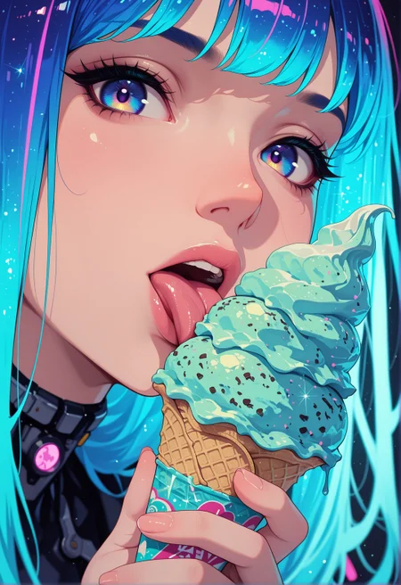 <lora:ck-shadow-circuit-IL:0.78>, 
masterpiece, best quality, good quality, very aesthetic, absurdres, newest, 8K, depth of field, focused subject,
close up, dynamic angle, dutch angle, wabi sabi, woman, licking ice cream,  holographic ice cream, holofoil glitter ice cream, faint, glowing, ethereal, neon hair, glowing hair, long hair, looking at viewer, sci-fi,
<lora:MoriiMee_Gothic_Niji_Style_Illustrious_r1:0.45>
<lora:ck-nc-cyberpunk-IL-000011:0.4>
<lora:ck-neon-retrowave-IL:0.8>