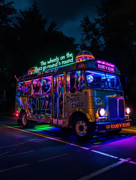 an old bus converted to a disco full of partying people is driving on the road. It has a disco ball inside and there's a lot of neon lighting underneath. On the side of the is spraypainted "The wheels on the Buzz go round'n'round"