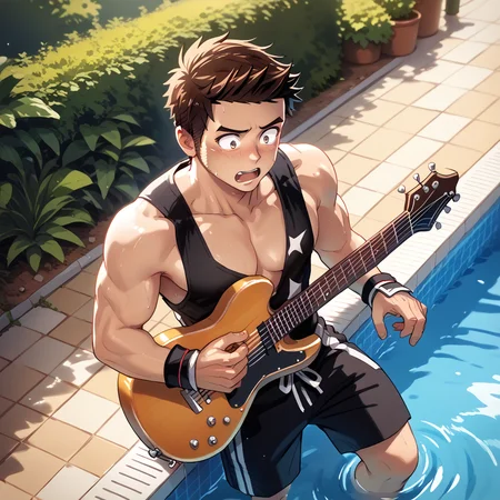 score_9, score_8_up, score_7_up, source_anime, masterpiece, best quality <lora:raeyr:1>raeyr, 1boy, oldraeyr, short sideburns hair, muscular, , from above, Pretending to play a guitar solo, shocked, :o, wide open eyes , blush,, pool, poolside,,