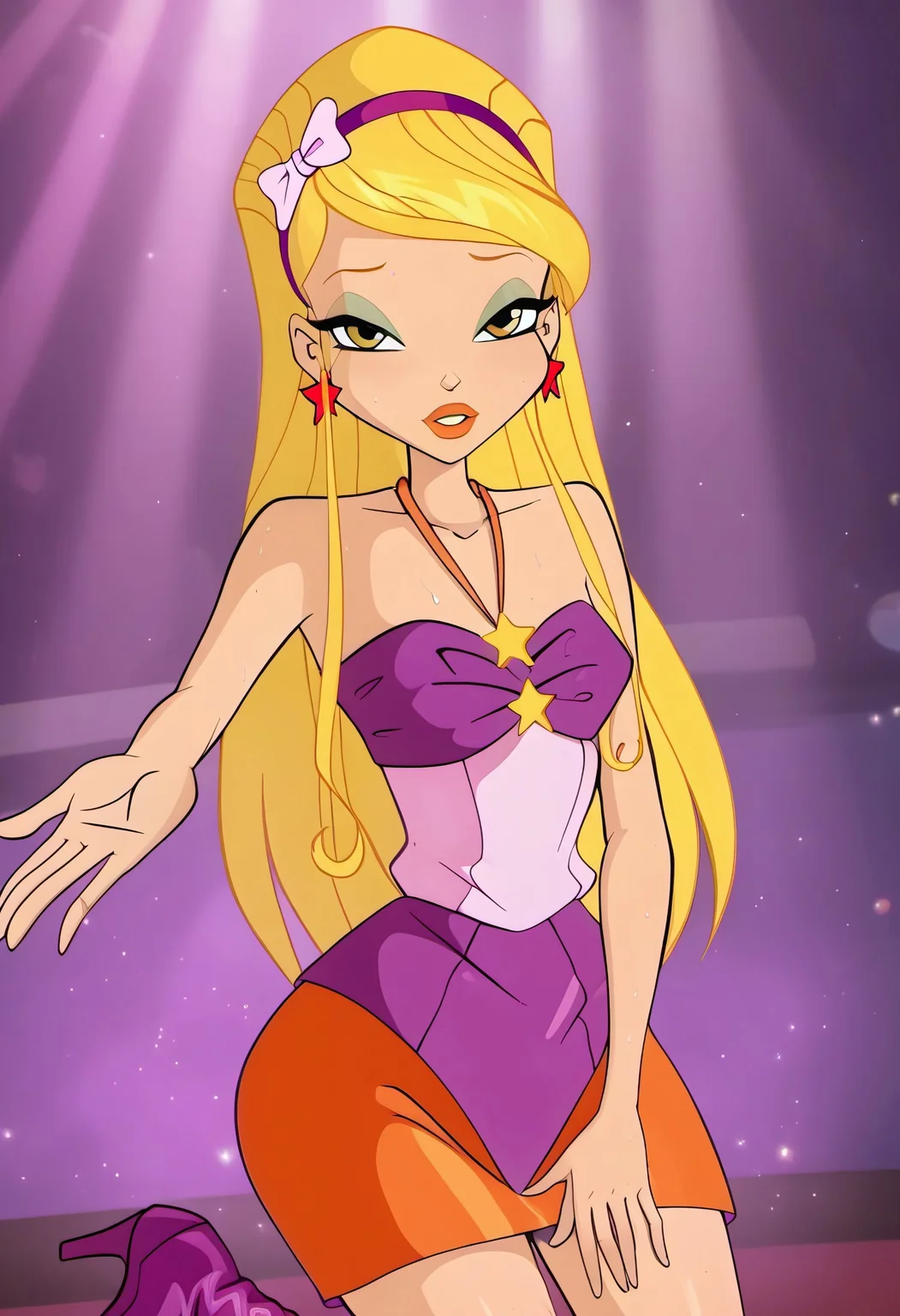 score_9, score_8_up, score_7_up, realistic, realism, HD, perfect quality, 16k, very detailed, realistic lighting, photo, photorealistic, realistic detailed face, BREAK, (((good_hands))), (((perfect eyes, bedroom eyes, (light smile:0.5)))), BREAK, solo, 1girl, (((Winx Club Season 5, Stella, blonde hair, long hair, yellow eyes, blonde hair, orange lips, mint eyeshadow, ))), ((sweaty skin:1.2)), sensual eyes, looking at viewer, nervous, seductive, medium body size, slightly small neck, plumb body, voluptuous hips and thighs, curvy body size, (((medium breasts, wide hips, microwaist, big ass))), nooganugnugs, perfect thighs, perfect legs, anatomically correct, (obese female:-1.0), (plump saggy breasts:0.5), BREAK, parading, fashion show, fashion catwalk, theater lights pointing at her, boots, jewelry, earrings, hairband, star earrings, high heels, knee boots, purple footwear, purple hairband, dress, bare shoulders
