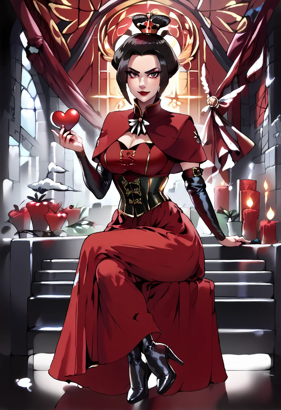 noir, 2d, full body view, gothic background, loveheart stained glass window, rose wall, hearts, valentines, â¤ï¸, scatterd roses, red roses, black roses, score_9, score_8_up, score_8, score_9, score_8_up, NM_Azula_atla, 1girl, solo, brown eyes, detailed eyes, brown hair, topknot, black hair, hair ornament, breasts, large breasts, makeup, lipstick, red lips, slim waist, dress, corset, long skirt, capelet, harness, sitting on iron throne, smirk, closed mouth, intense look, looking at fire, Expressiveh, one hand up, holding fireball in the shape of heart, sexy legs,crossed legs, long skirt, long latex boots, covered thigh, fishnet stockings, sfw