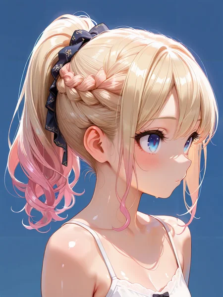 masterpiece,amazing quality,best quality,ultra-detailed,8K,illustration,CG,shiny hair,clear skin,ultra-detailed-eyes,simple background,cute girl, eyelashes <lora:braid ponytail_illustrious_V1.0:0.7> ponytail,braid