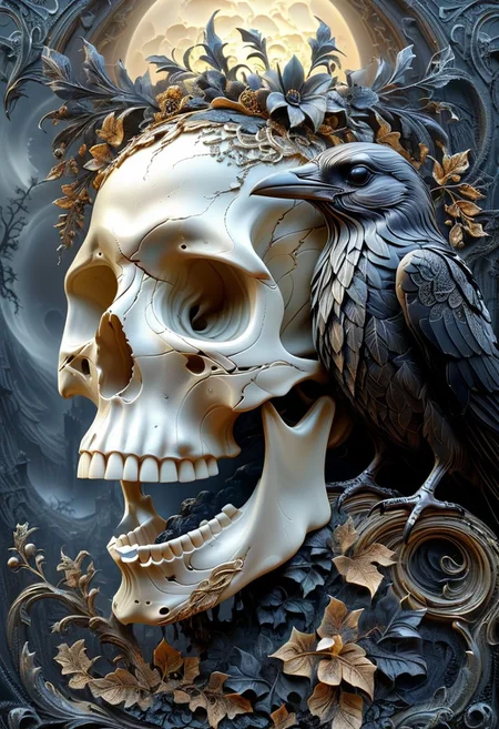 Masterpiece, 8k, sharp image, highest-quality, intricate details, a weeping raven on a weeping skull, dark Gothic patterns fill the scene, fractal, highly detailed, micro-details, micro-details within the micro-details, sharp edges, detailed textures, wide angle, cinematic view, in full view, atmospheric lighting, visually stunning, high contrast, trending on artstation