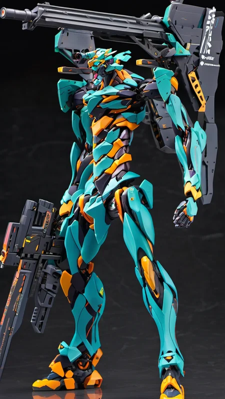 (EVAUNIT:1), best quality, masterpiece,robot mecha, (large size robot:1.5), glowing eyes, (full body:1.2), clenched hand, mechanical parts, robot joints, (Detailed eye description:1.2),(huge mechanical weapon:1.3),(detailed shield description:1.2), (detailed weapon description:1.2),(huge mechanical gun:1.2), (holding weapon :1.3) <lora:srdxl_v2k:0.4>