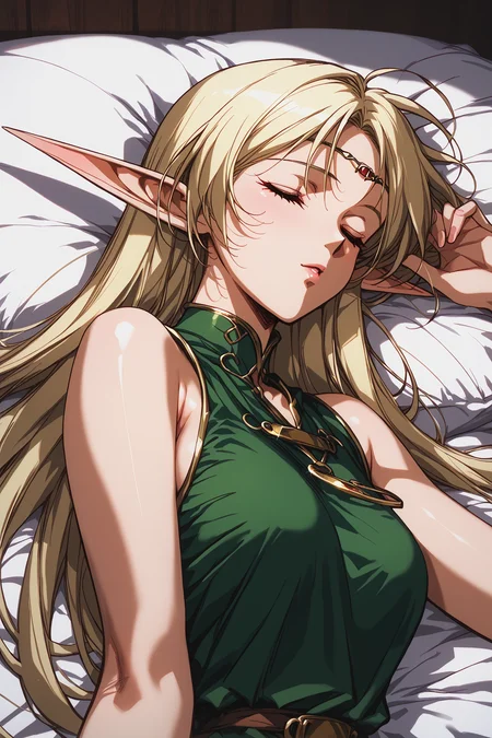 score_9, score_8,  score_7, score_6_up, score_5_up,
deedlit, green tunic, gold choker, short tunic, 
1girl, long hair, blonde, elf, sleeveless, 
beautiful face, 24 years old,
closed eyes, 
bangs,
record of lodoss war,
upper body,  
bed sheet,  sleeping, 
<lora:Degen_Deedlit_v1:0.55>,  <lora:TOO_NobuteruYuuki_v3B_PonyXL:0.55>,  <lora:PirotessXLpony001:0.3>,  <lora:Urushihara Satoshi_XL_PONY_V2:0.4>,  <lora:Sinozick_Style_XL_Pony:0.2>,  <lora:DefaultZ17:0.2>,  <lora:style1:0.2>,   <lora:pixivtext2:0.2>,