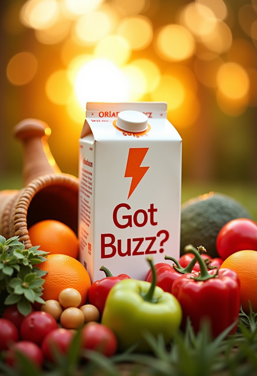 A stylized milk carton with orange lightning symbol as its brand name, sitting among a cornucopia of farm produce. In the caption, write a phrase "Got Buzz?" in big font, alongside with floral decorations. Artistic, bokeh, depth of field, sunset