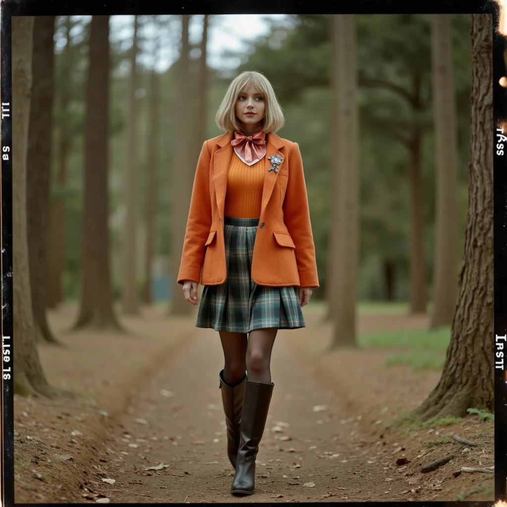 Faded Polaroid Photo, analog film photo <lora:AshleyR4:0.8> aslx, costume, aslx, a woman wearing an ashley graham costume with orange jacket, plaid skirt, black boots, blond hair styled in a bob, she's in a forest, walking slowly, ultra detailed, ultra realistic, ultra quality, cinematic, cinematic lighting, ultra detailed . faded film, desaturated, 35mm photo, grainy, vignette, vintage, Kodachrome, Lomography, stained, highly detailed, found footage, analog, old faded photo, old polaroid, RAW candid cinema, 16mm, color graded portra 400 film, remarkable color, ultra realistic, textured skin, remarkable detailed pupils, realistic dull skin noise, visible skin detail, skin fuzz, dry skin, shot with cinematic camera