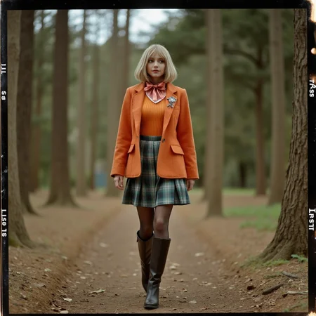 Faded Polaroid Photo, analog film photo <lora:AshleyR4:0.8> aslx, costume, aslx, a woman wearing an ashley graham costume with orange jacket, plaid skirt, black boots, blond hair styled in a bob, she's in a forest, walking slowly, ultra detailed, ultra realistic, ultra quality, cinematic, cinematic lighting, ultra detailed . faded film, desaturated, 35mm photo, grainy, vignette, vintage, Kodachrome, Lomography, stained, highly detailed, found footage, analog, old faded photo, old polaroid, RAW candid cinema, 16mm, color graded portra 400 film, remarkable color, ultra realistic, textured skin, remarkable detailed pupils, realistic dull skin noise, visible skin detail, skin fuzz, dry skin, shot with cinematic camera