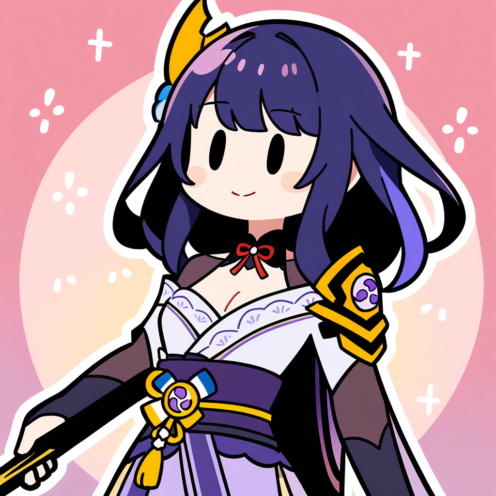 (bkub_\(style\):0.8), 1girl, raiden shougun, genshin impact, solo, holding sword, cleavage, |_|, light smile, safe, newest, masterpiece, very aesthetic