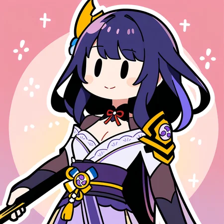 (bkub_\(style\):0.8), 1girl, raiden shougun, genshin impact, solo, holding sword, cleavage, |_|, light smile, safe, newest, masterpiece, very aesthetic
