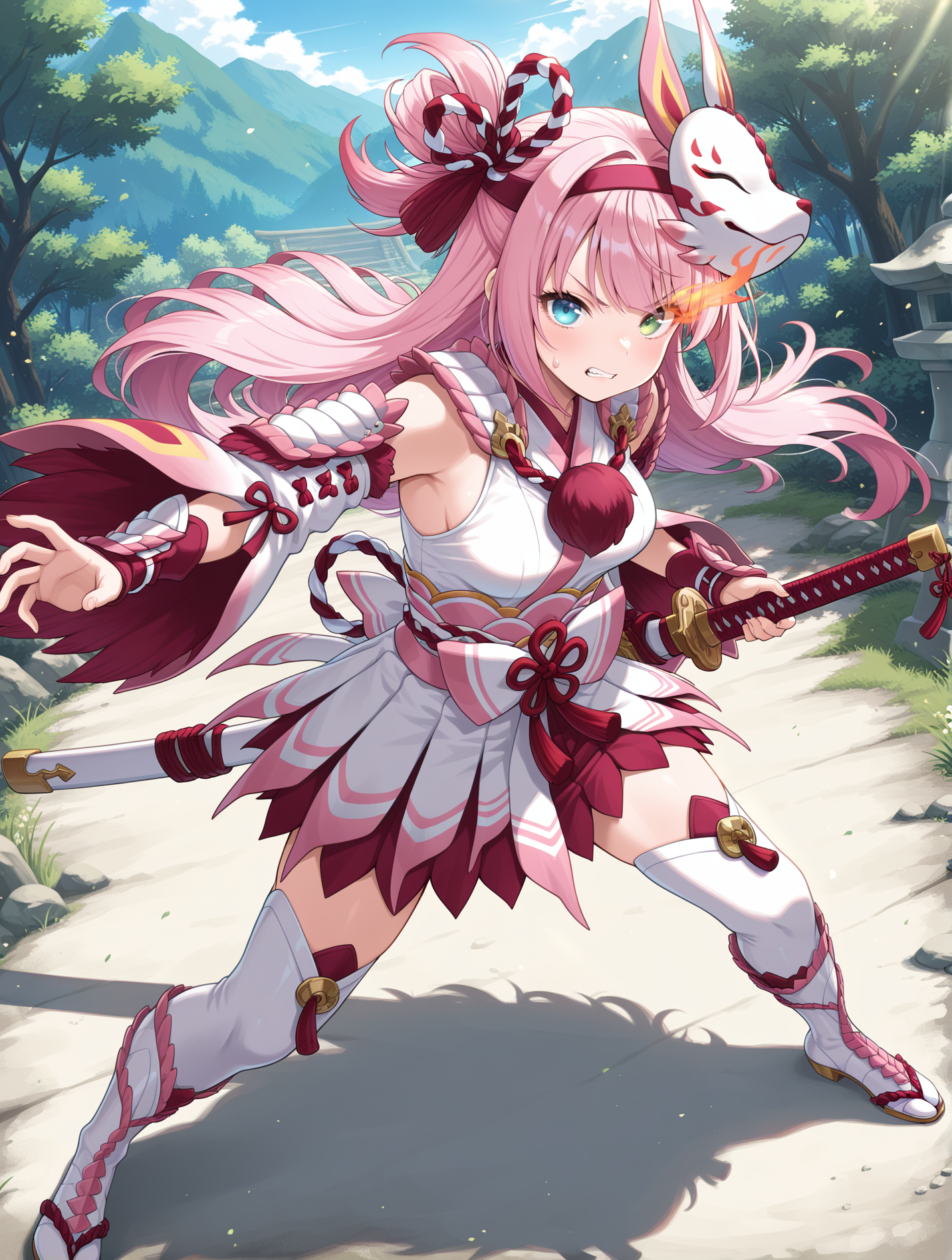 mizutsune gunner armor,1girl,pink hair,solo,heterochromia,green eyes,sword,long hair,blue eyes,serious,katana,looking at viewer,full body,outdoors,closed mouth,holding sword,pink hairband,white kimono dress,pink sash bow,white detached sleeves,white vambraces,white thigh boots,from above,fighting stance,clenched teeth,sweatdrop, cyan flaming eye, 
masterpiece,best quality,amazing quality,very aesthetic,absurdres,newest,<lora:Mizutsune Armor Beta illuXL v1:0.7>,