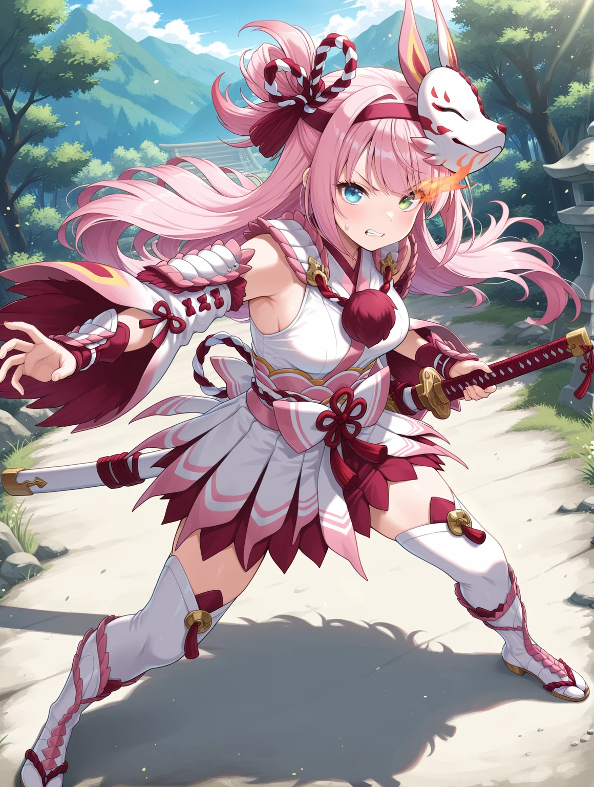 mizutsune gunner armor,1girl,pink hair,solo,heterochromia,green eyes,sword,long hair,blue eyes,serious,katana,looking at viewer,full body,outdoors,closed mouth,holding sword,pink hairband,white kimono dress,pink sash bow,white detached sleeves,white vambraces,white thigh boots,from above,fighting stance,clenched teeth,sweatdrop, cyan flaming eye,
masterpiece,best quality,amazing quality,very aesthetic,absurdres,newest,<lora:Mizutsune Armor Beta illuXL v1:0.7>,