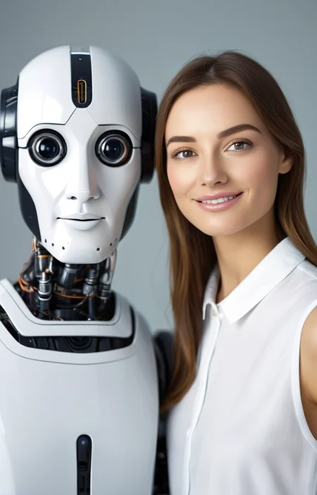 masterpiece,best quality,<lora:tbh69-sdxl:0.6>,illustration ,A style of two person group photo portrait of Housework robots
