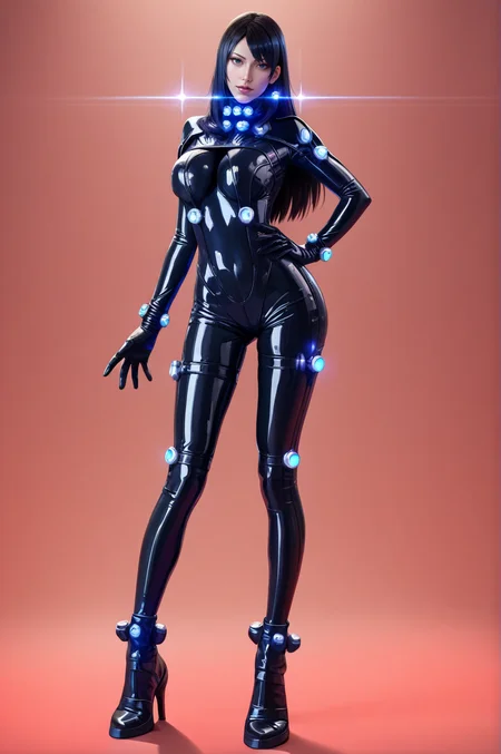 score_9,score_8_up,score_7_up BREAK red background,1girl,solo,looking at viewer,standing,full body,<lora:lemon0012-Gantz Lightening_pony_v1:0.9>,lemon0012,glowing,bodysuit,latex,gloves,koyama \(gantz0409jp\),high heels,