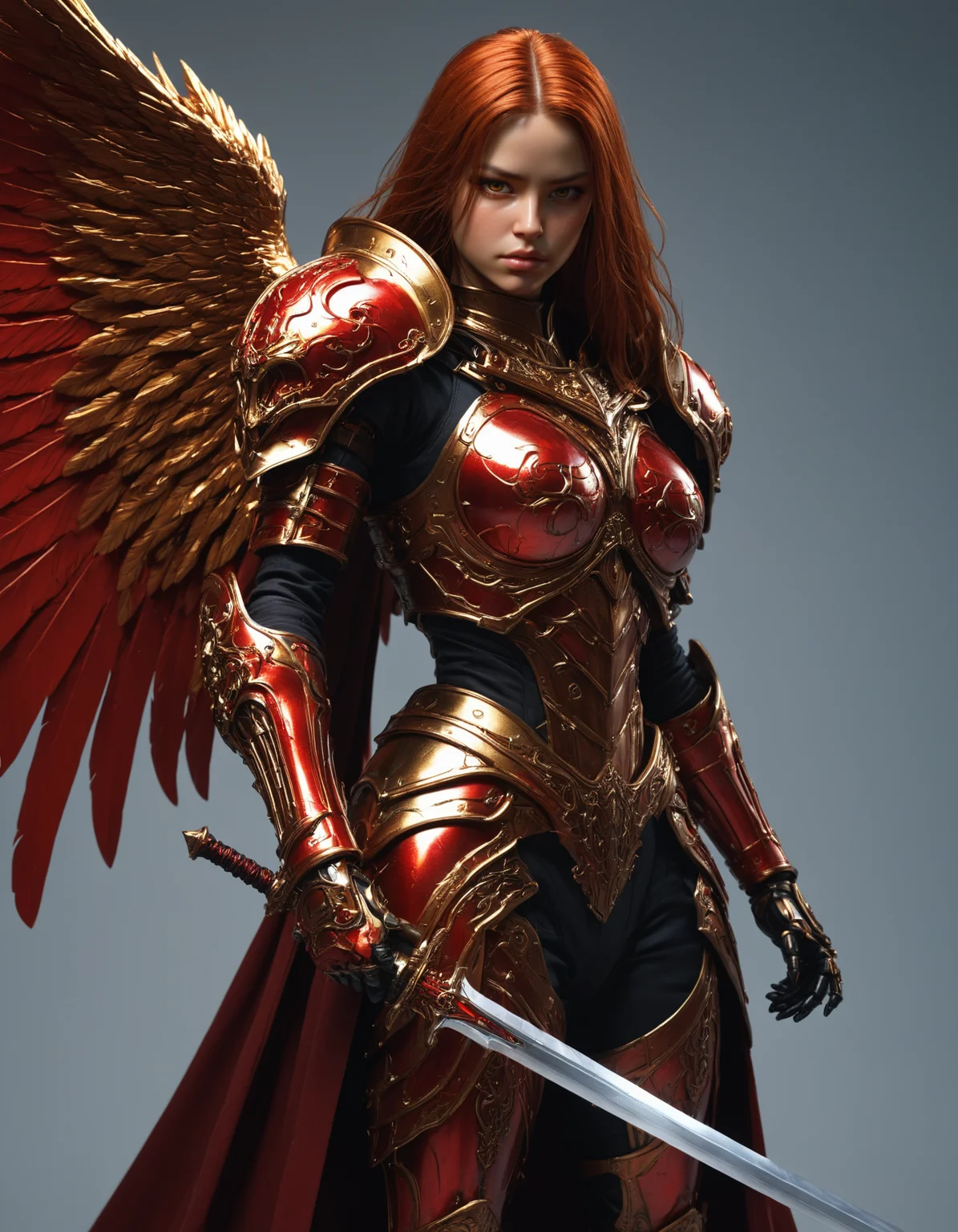 artiangel, battle angel, holding a huge red glowing magic sword, battle stance, female, glowing feathered wings, incredibly beautiful face, realistic and highly detailed eyes, long red hair, highly detailed, wearing an intricate  golden heavy plate armor, detailed armored hands, intricate plate pauldrons, heavy plate bracers, plated pants, red cloak, simple background, dynamic medium full shot, cowboy shot, highly dynamic pose, side view, dramatic lighting, highly realistic
<lora:artiangel:0.5>