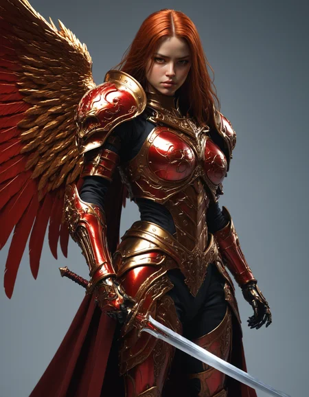artiangel, battle angel, holding a huge red glowing magic sword, battle stance, female, glowing feathered wings, incredibly beautiful face, realistic and highly detailed eyes, long red hair, highly detailed, wearing an intricate golden heavy plate armor, detailed armored hands, intricate plate pauldrons, heavy plate bracers, plated pants, red cloak, simple background, dynamic medium full shot, cowboy shot, highly dynamic pose, side view, dramatic lighting, highly realistic
<lora:artiangel:0.5>