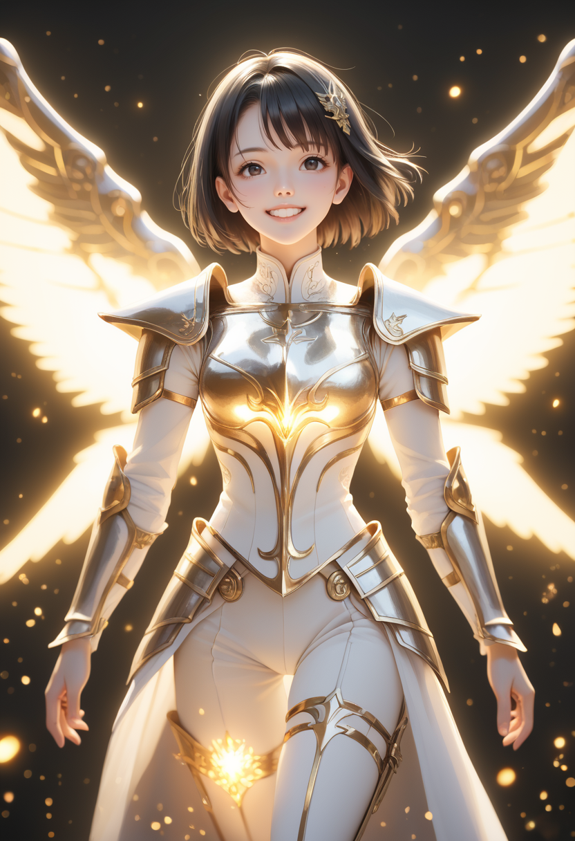 score_9, score_8_up, score_7_up, source_anime, masterpiece, best quality, perfect anatomy, very aesthetic, ((outlined outlined vector graphics)),no norm,
, cute face, glittering, glimmering,, black background, cowboy shot, grin,  front view ,  looking up  ,
1girl, solo, 20yo, black hair, black eyes, short bob hair, hair pin,mdeium  breast, slender,(white thigh strap:1.1) , , glowing, nature, holy armor,  white holy armor, fantasy,glowing,white pants,  running ,  ,  ,  ,gold wings<lora:holy-armor-01-step00000880:0.8>