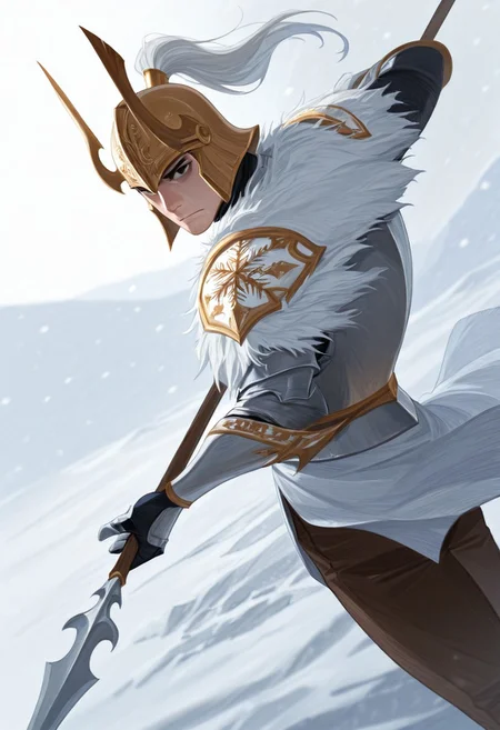 realistic shading, natural lighting, expressive serious face, machawdw-helmetted 1male focus, gold-white_machawdw_ponytail helmet, black eyes, eye_focus, holding spear, spear, fighting stance, cuirass, brown pants, armor, shiny skin, cowboy shot, snowing, snowflake, surreal, symbolic background, shadow, foreshortening, dutch angle, dynamic angle, dynamic action, intricately detailed illustration, cinematic, depth of field, atmospheric perspective, masterpiece, best quality, amazing quality, very aesthetic, absurdres, newest