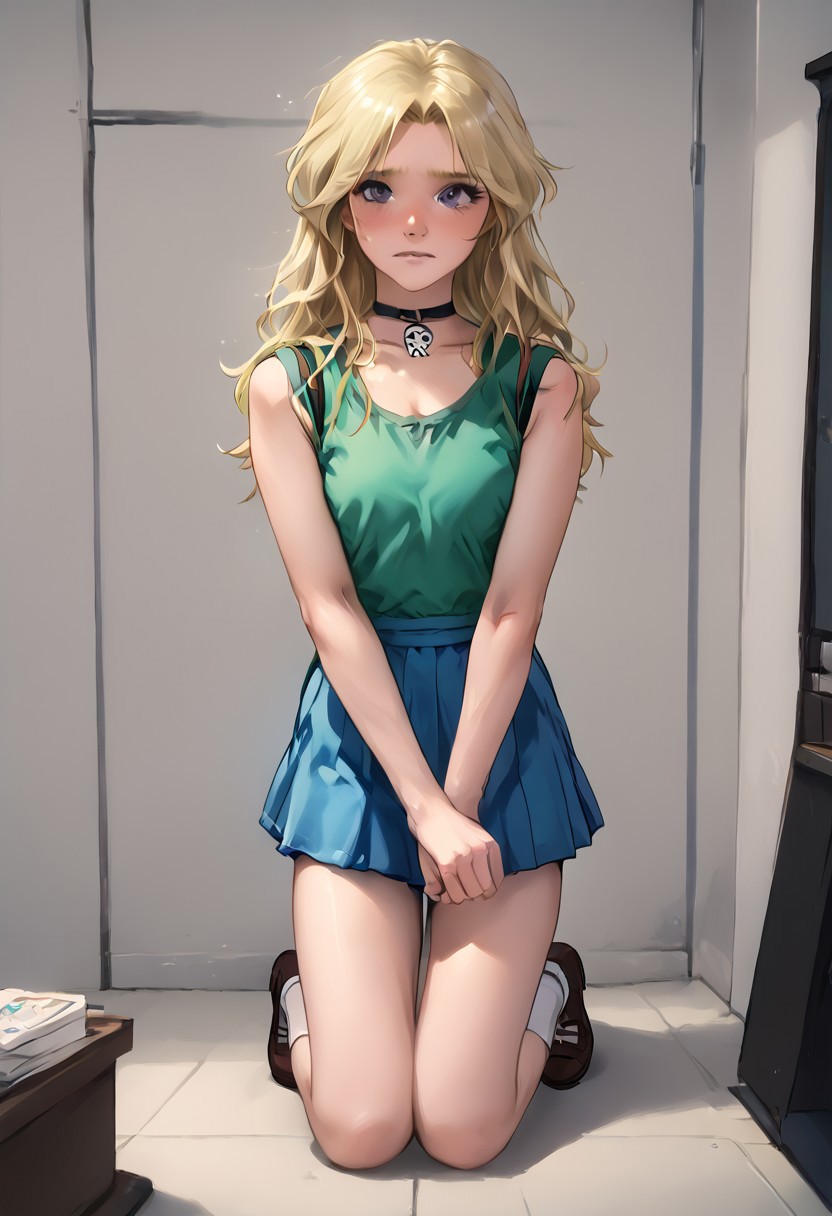 SFW, rating_all, score_10, score_8_up, score_7_up, beautiful, realistic, detailed, perfect, quality, vector, flat colors, masterpiece, Pito, Pito cosplaying as Nasumi, 1female, ((blonde hair)), ((long hair)), grey eyes, baggy eyes, white skin, ((skullchoker)), retro artstyle, 1990s \(style\), short hair, green shirt, sleeveless, pink ribbon, blue skirt, pleated skirt, embarrassed, avoiding eye contact, full body